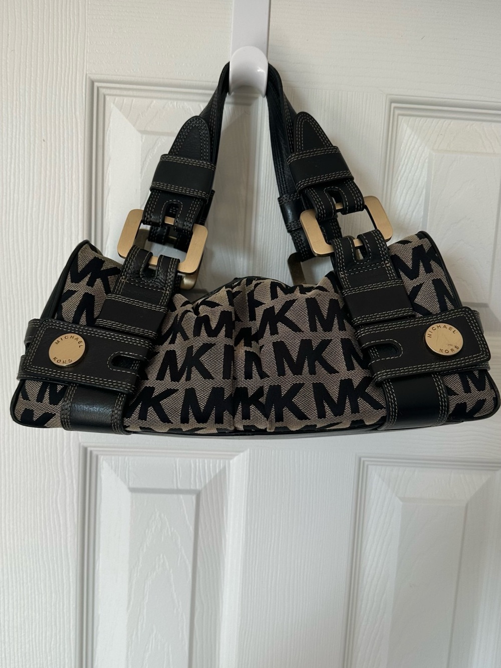 Michael Kors Black and Taupe MK Logo Shoulder Bag with Gold Accents